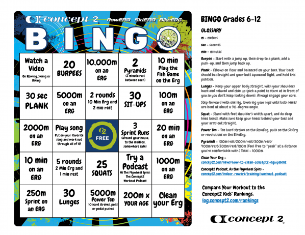 Concept2 BINGO board for kids grades 6-12. Click to open a full-size image you can print.